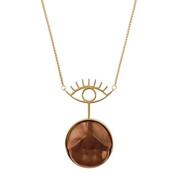 Long Gold-Plated Necklace with Carved Wooden Lips from the Kembali Collection