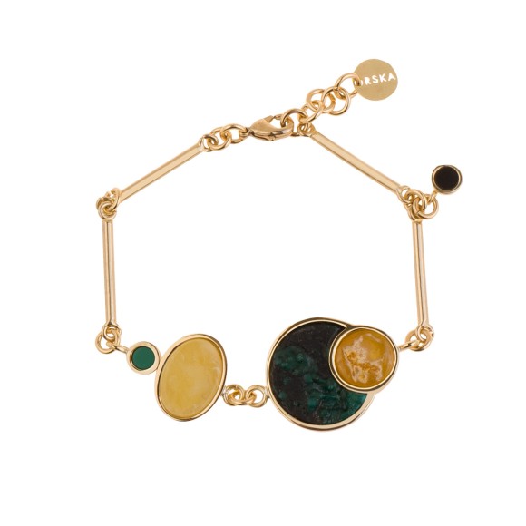 Elegant amber bracelet from the Baltica collection decorated with geometric elements and green synthetic stone